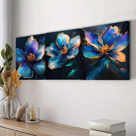 3pcs Colorful Metallic Flowers Nature Blue Wall Art Set Canvas Framed 40x60cm - High Quality Print 100% Australian Made Wall Canvas Ready to Hang