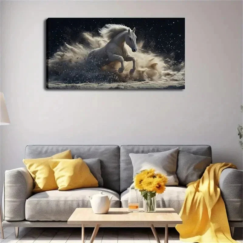 White Horse Galloping & Raising Wall Art Canvas Office Home Room Framed 120x60cm