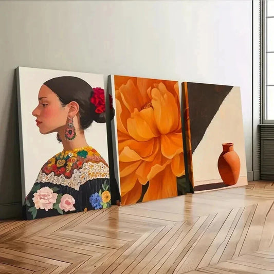 3pcs Mexican Art Marigold Mexican Woman Portrait Wall Art Set Canvas Framed 40x60cm - High Quality Print 100% Australian Made Wall Canvas Ready to Hang