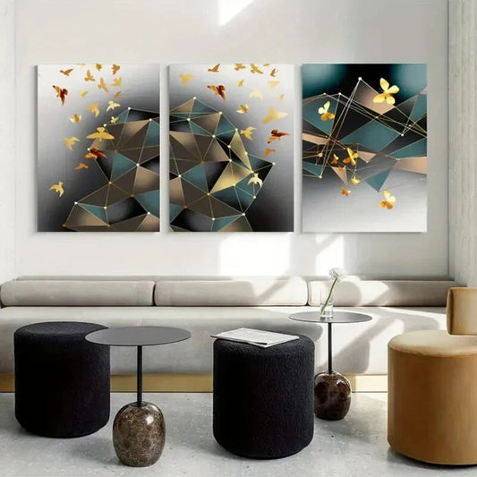 3pcs Golden Geometric and Butterfly Metal Print Ready to Hang Art