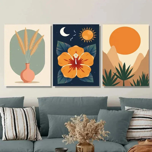 3pcs Modern Tropical Flower & Abstract Landscape Metal Print Ready to Hang Art