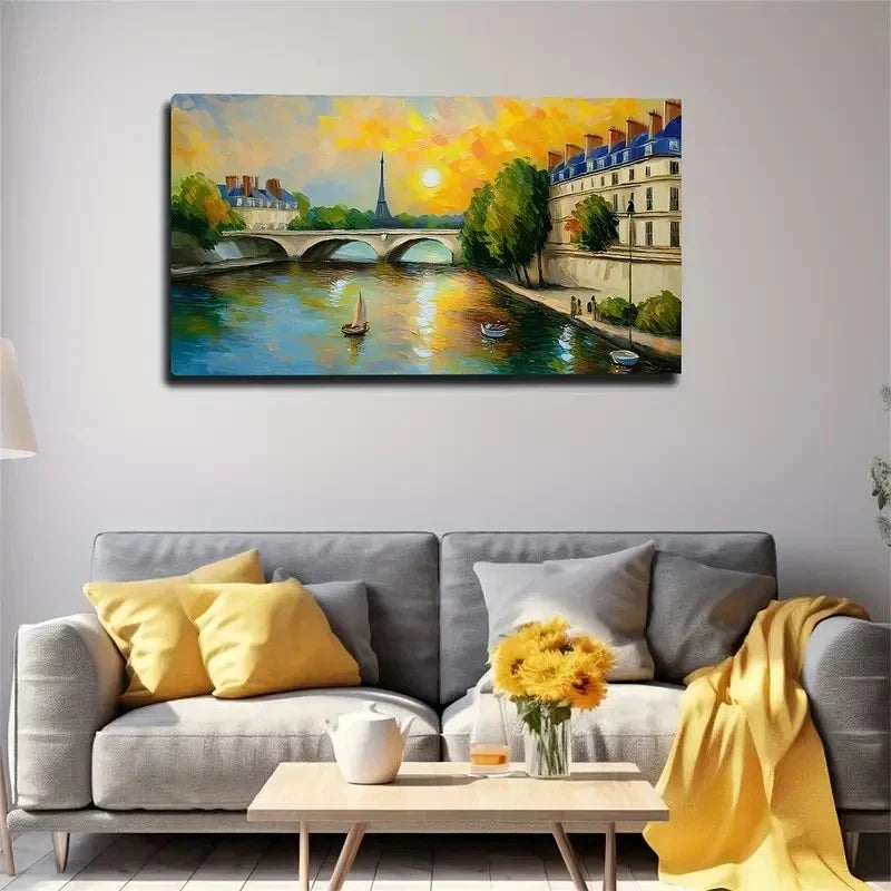 Romantic Parisian River Wall Art Canvas Office Home Room Framed 120x60cm