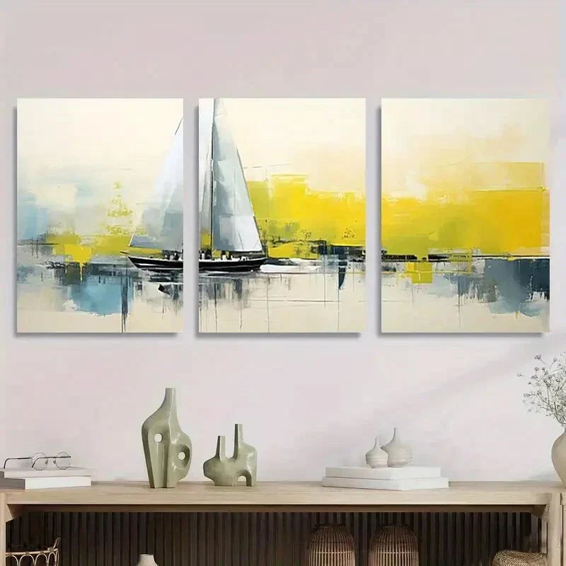3pcs Sailing Boat Abstract Yellow and Blue Hues Metal Print Ready to Hang Art