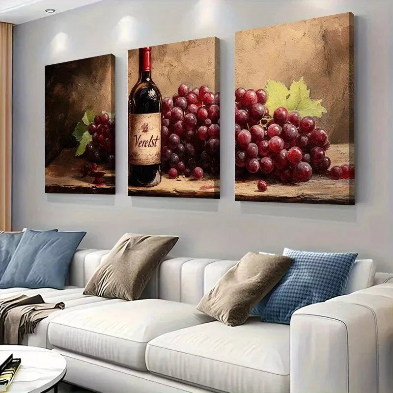 3pcs Wine Bottle and Grapes Rustic Kitchen Wall Art Set Canvas Framed 40x60cm - High Quality Print 100% Australian Made Wall Canvas Ready to Hang