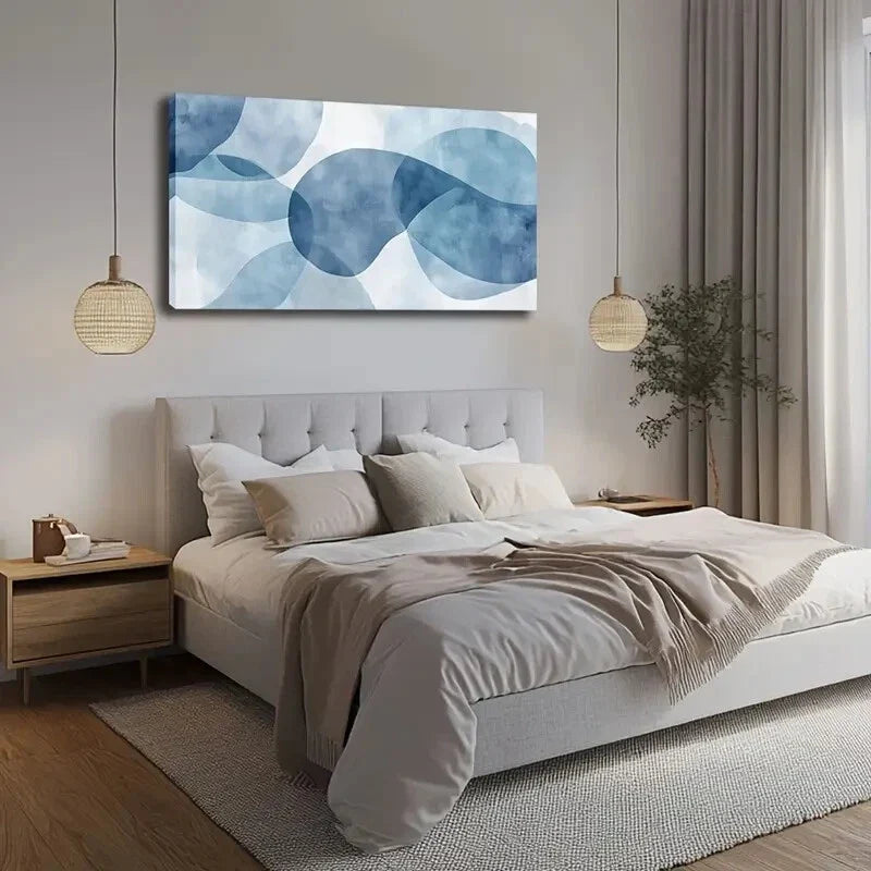 Serene Blue Abstract Shapes Wall Art canvas office home room framed 80x45cm