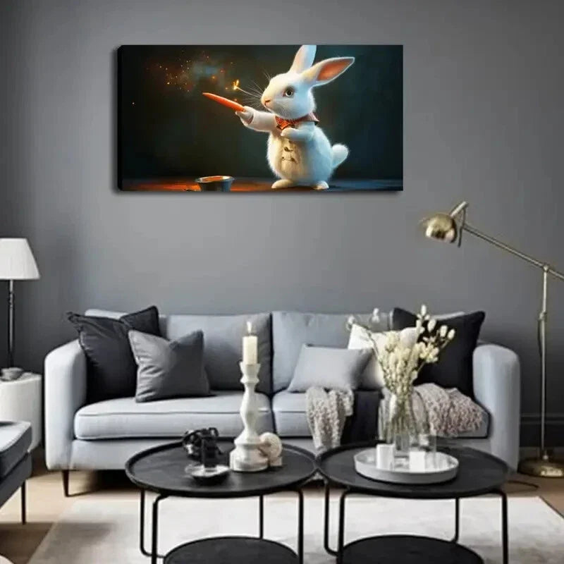 Whimsical White Rabbit in Red Wall Art Canvas Office Home Room Framed 80x45cm