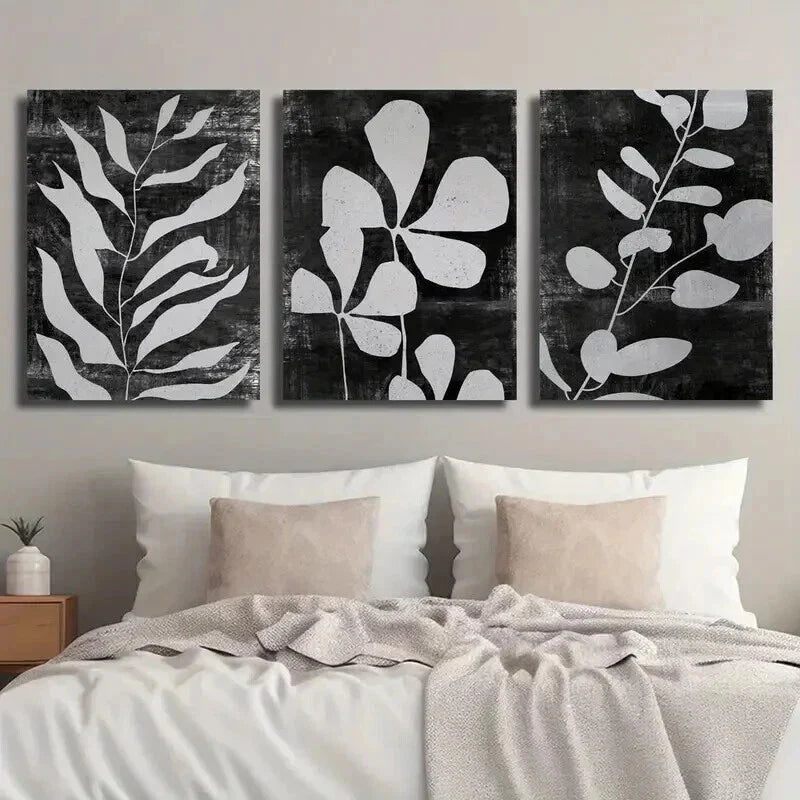3pcs Black and White Abstract Leaf Botanical Wall Art Set Canvas Framed 40x60cm - High Quality Print 100% Australian Made Wall Canvas Ready to Hang