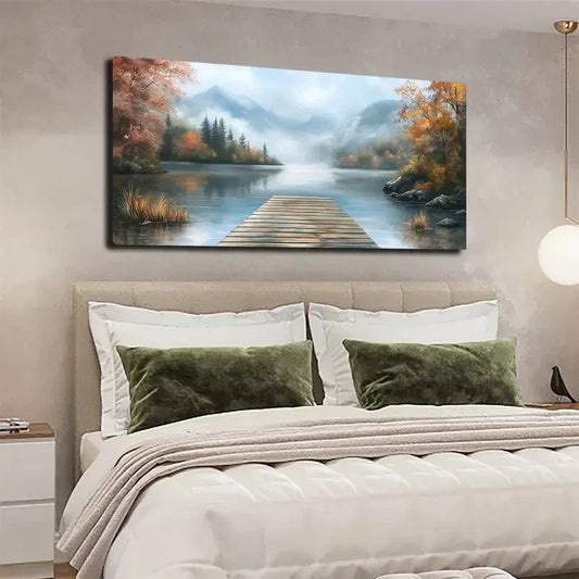 Serene Lake & Autumn Trees Wall Art canvas office home room framed 80x45cm