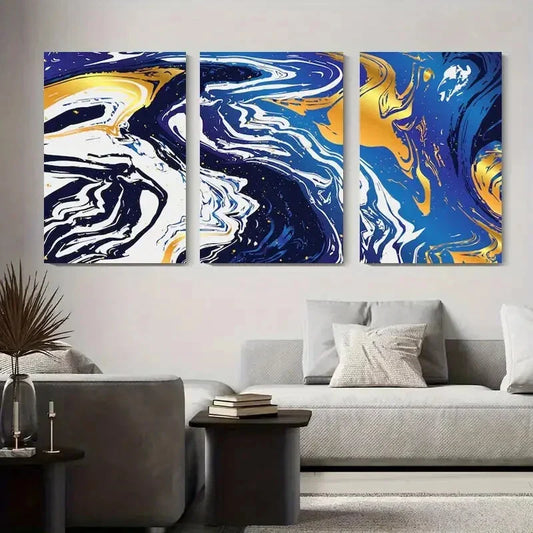 3pcs Abstract Blue and Golden Marble Metal Print Ready to Hang Art