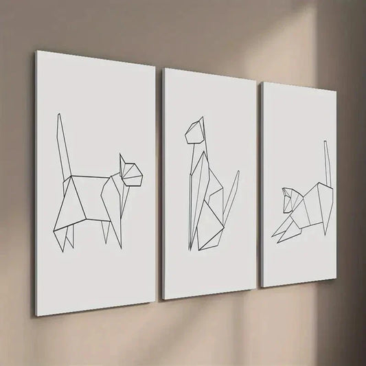 3pcs Modern Origami Cat Line Wall Art Set Canvas Framed 40x60cm - High Quality Print 100% Australian Made Wall Canvas Ready to Hang