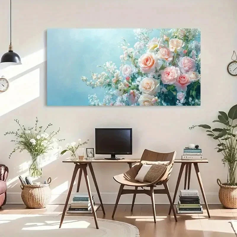 Peach Design On A Blue Backdrop Wall Art Canvas Office Home Room Framed 120x60cm