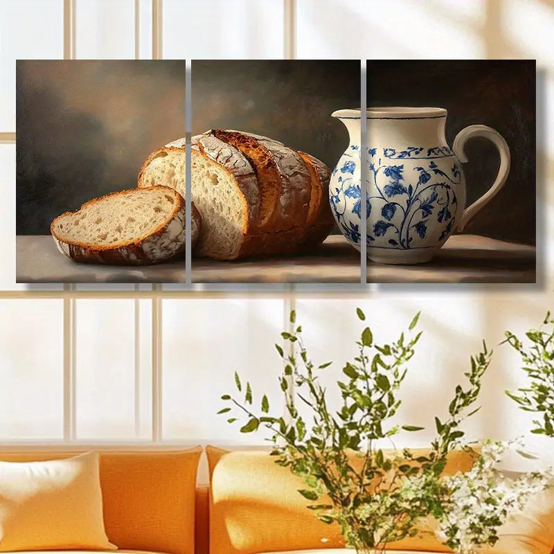 3pcs Elegant Bread & Floral Jug Classic Design Metal Print Ready to Hang Art