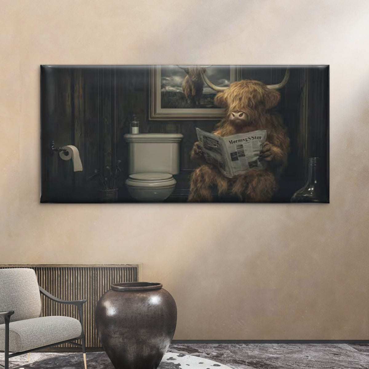Funny Bull Reading Newspaper Wall Art Canvas Office Home Room Framed 80x45cm
