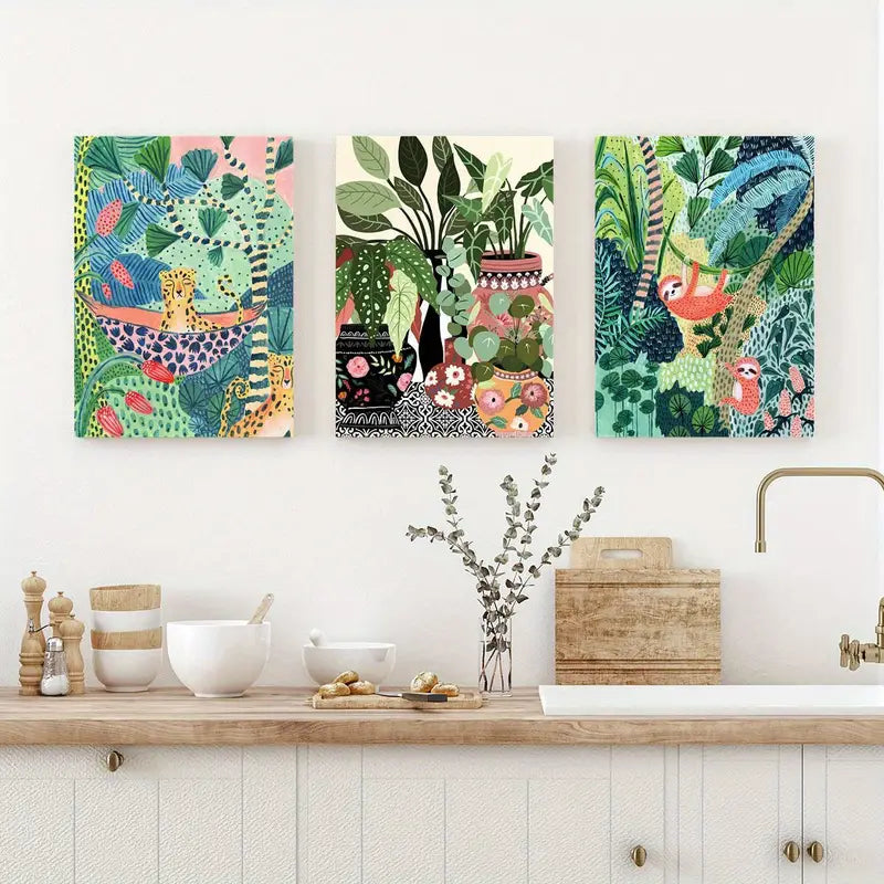 3pcs Animals and Plants, Leopard and Parrot in The Jungle, Wildlife Metal Print Ready to Hang Art