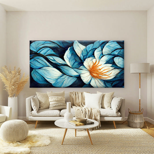 Deep Blue Floral Dream Painting Wall Art Canvas Office Home Room Framed 80x45cm