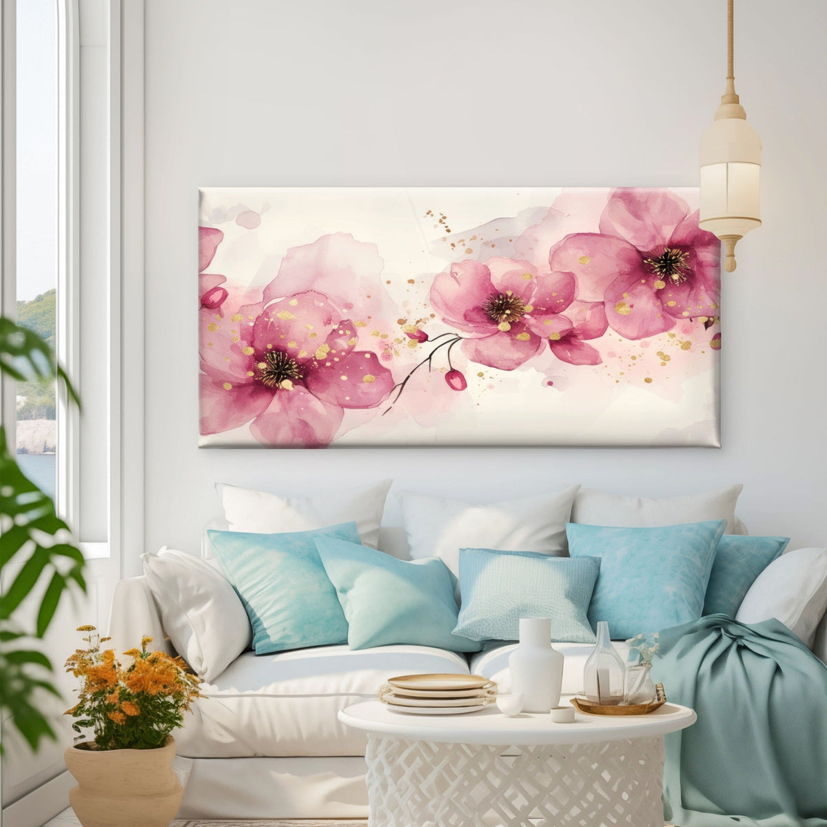 Pink Watercolor Flower Blossoms Wall Art Canvas Office Home Room Framed 120x60cm
