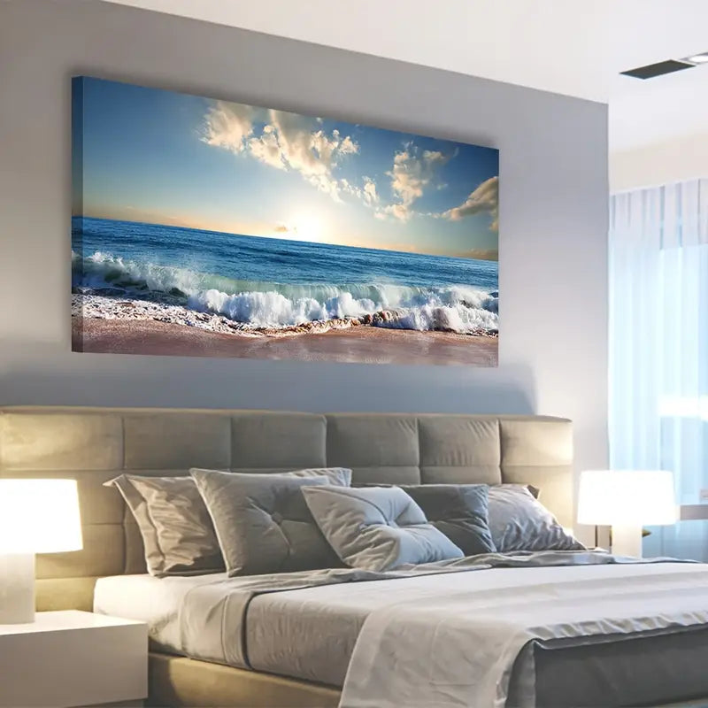 Beach Waves Summer Ocean Nature Wall Art canvas office home room framed 120x60cm