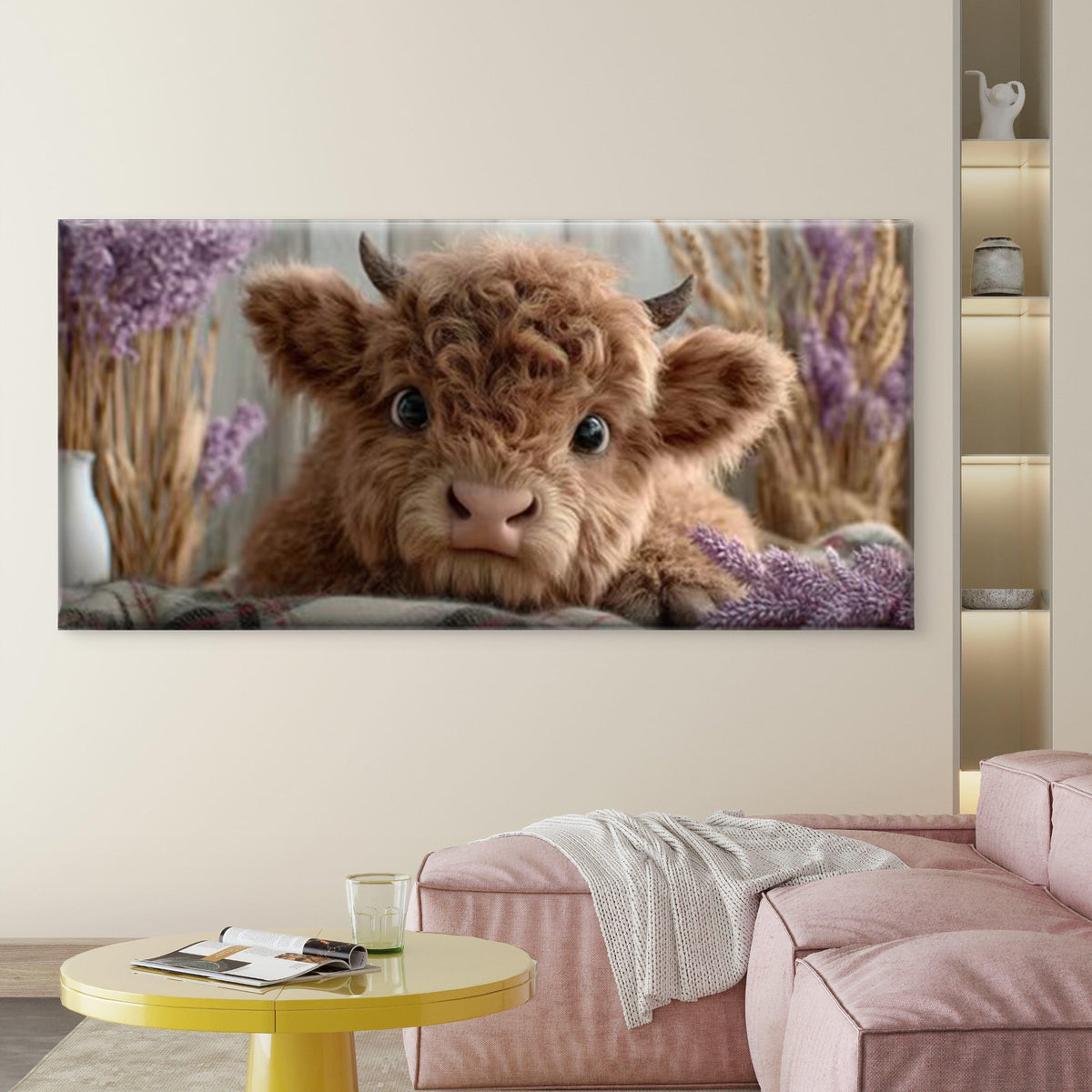 Cute Highland Cow with Purple Floral Wall Art Canvas Office Home Room Framed 80x45cm