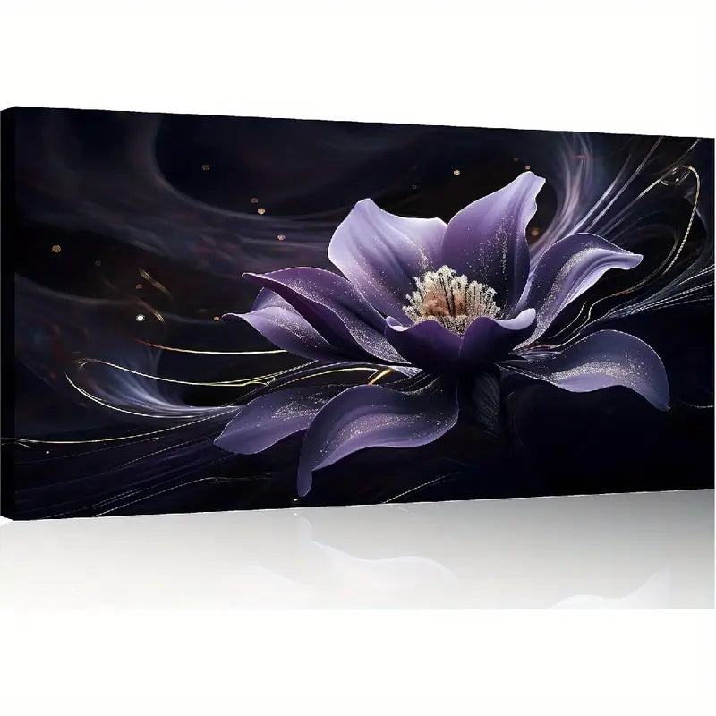 Purple Floral Black Swirls & Golden Accents Wall Art canvas office home room framed 120x60cm