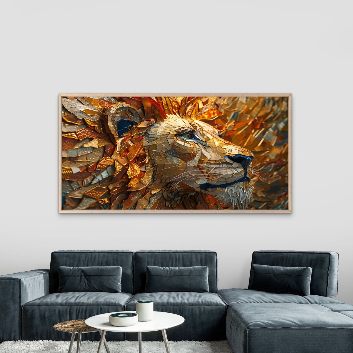 Mosaic Lion Fire Canvas Wall Art Canvas Office Home Room Framed 80x45cm