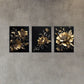 3pcs Elegant Black & Golden Big Floral Metal Print Ready to Hang Art