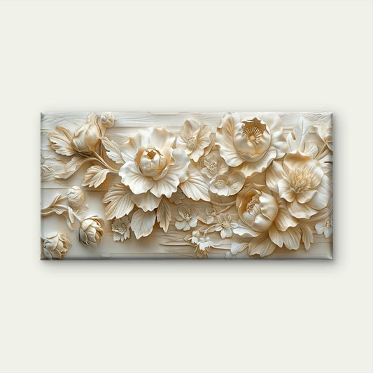 Elegant White Floral Relief Wall Art Canvas Office Home Room Framed 80x45cm
