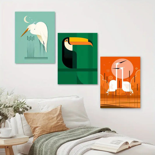 3pcs Cranes Foraging in The Reeds Under The Moon, Fashion Metal Print Ready to Hang Art