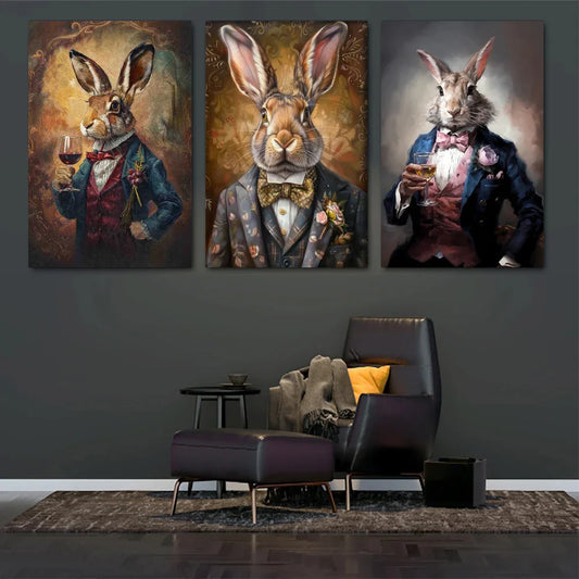 3pcs Elegant Dapper Rabbit Whimsical Animal Classic Design Metal Print Ready to Hang Art