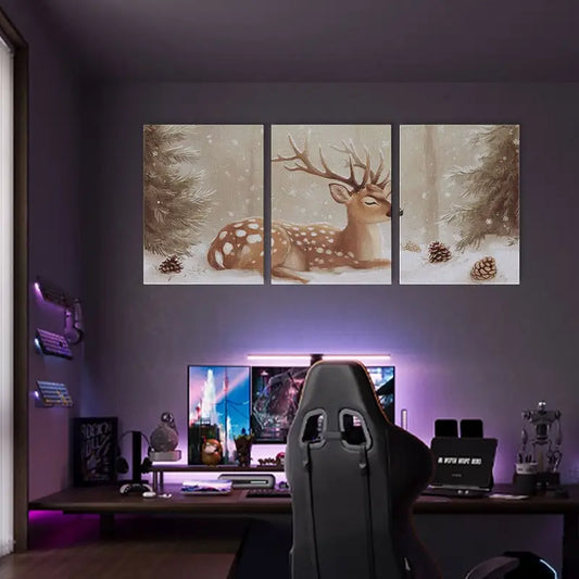 3pcs Elegant White Spotted Deer with Large Antlers, Snowy Forest Metal Print Ready to Hang Art