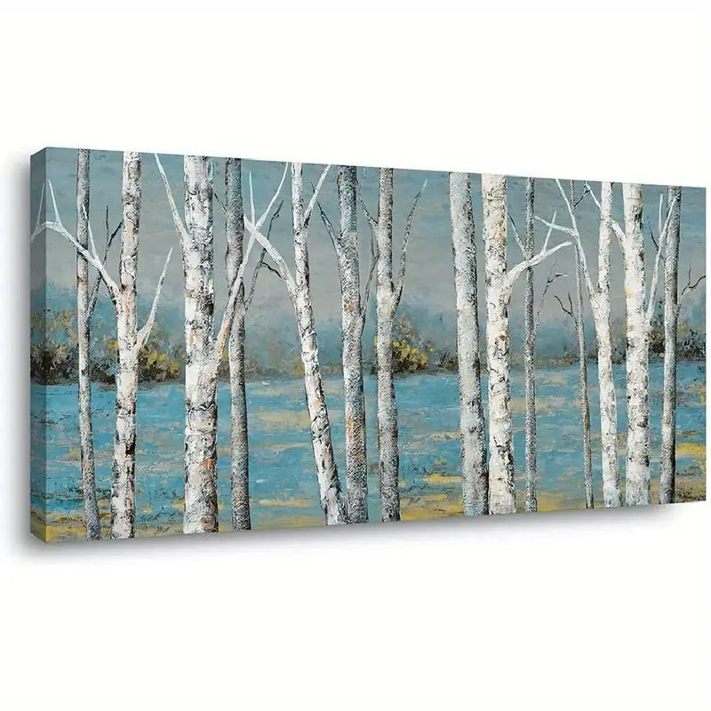 Navy Blue Forest Rustic Birch Trees Wall Art canvas office home room framed 120x60cm