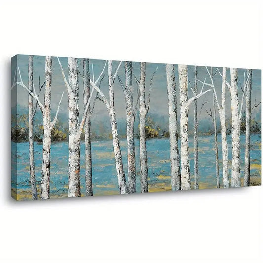 Navy Blue Forest Rustic Birch Trees Wall Art canvas office home room framed 120x60cm