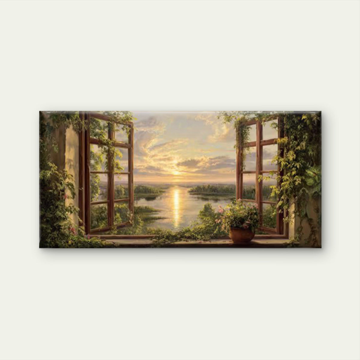 Botanical Window View Wall Art Canvas Office Home Room Framed 80x45cm