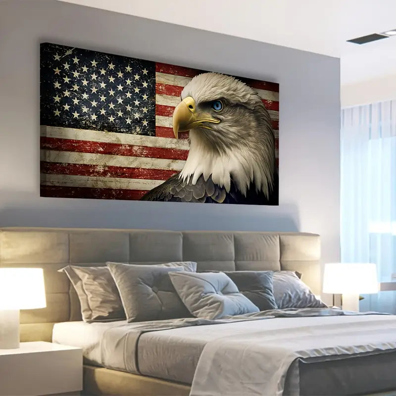 Vintage American Flag Majestic Eagle Design Wall Art canvas office home room framed 120x60cm
