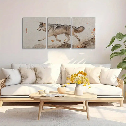 3pcs Gray Wolf with Rocks & Autumn Leaves Metal Print Ready to Hang Art