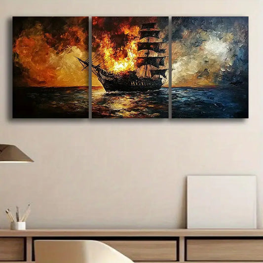 3pcs Watercolor painting of the ship on fire Sea Metal Print Ready to Hang Art