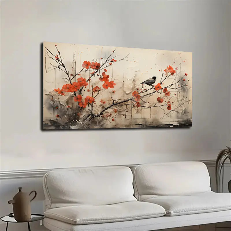 Abstract Vintage Magpie & Red Poppy Wall Art wall canvas office home room framed 120x60cm