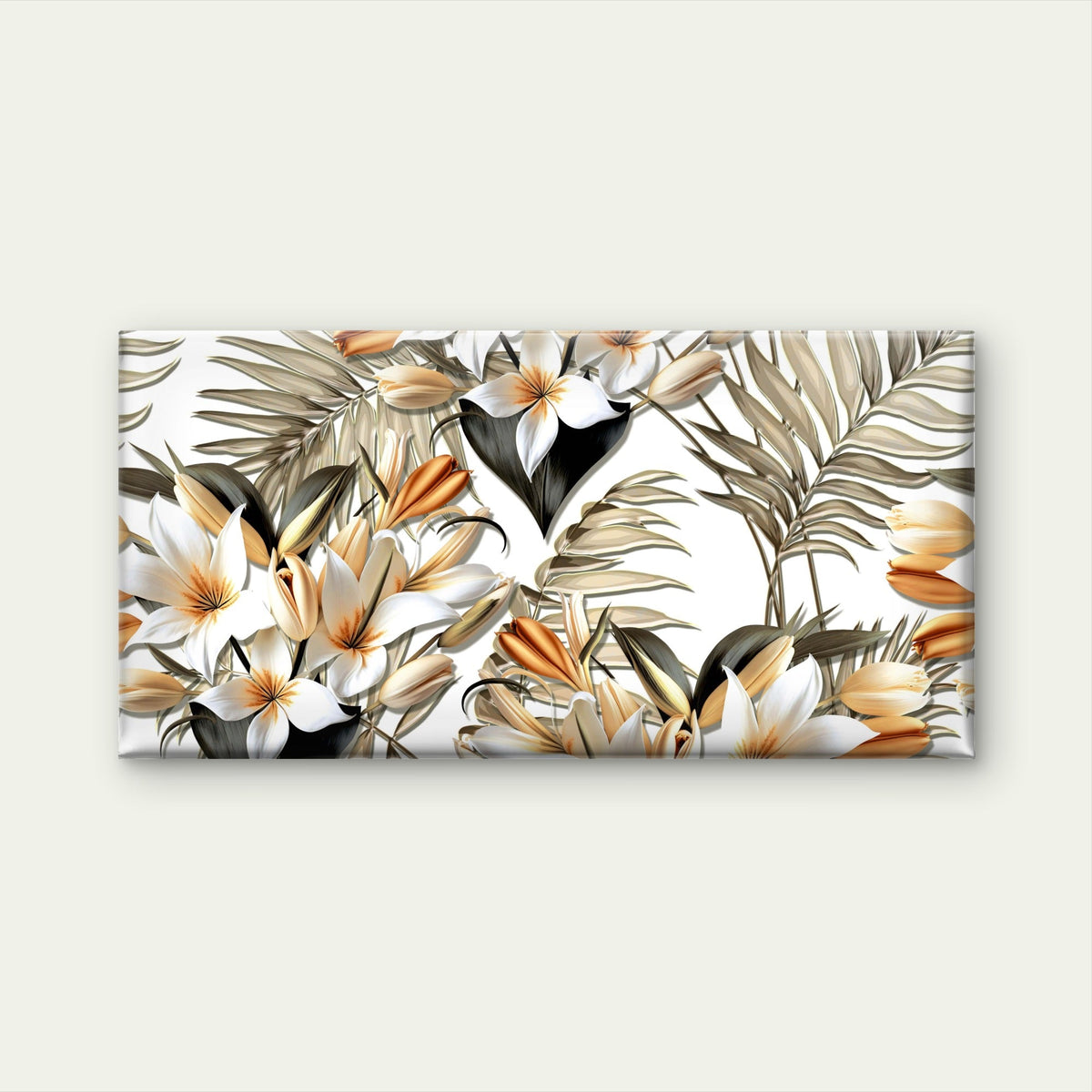 Tropical White Lily Orange Buds Beige Palm Leaves Wall Art Canvas Office Home Framed 120x60cm