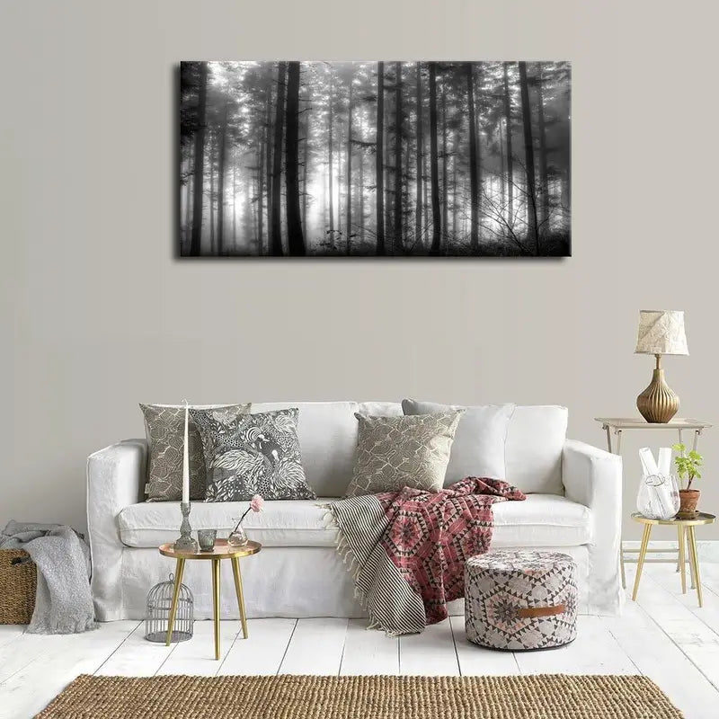Black & White Foggy Forest Big Trees Nature Wall Art canvas office home room framed 120x60cm