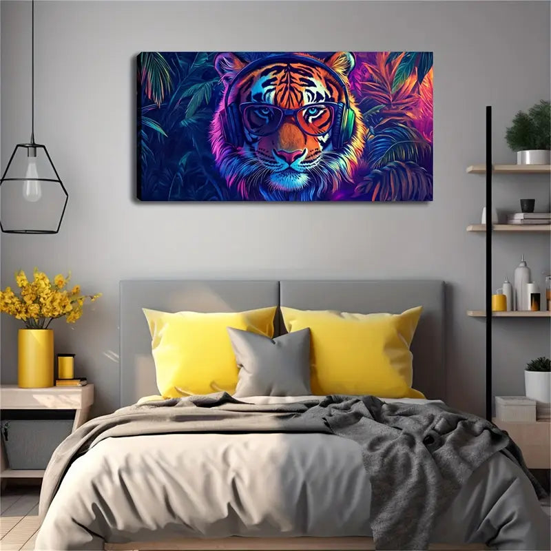 Tiger Wearing Headphones Glasses Wall Art Canvas Office Home Room Framed 120x60cm