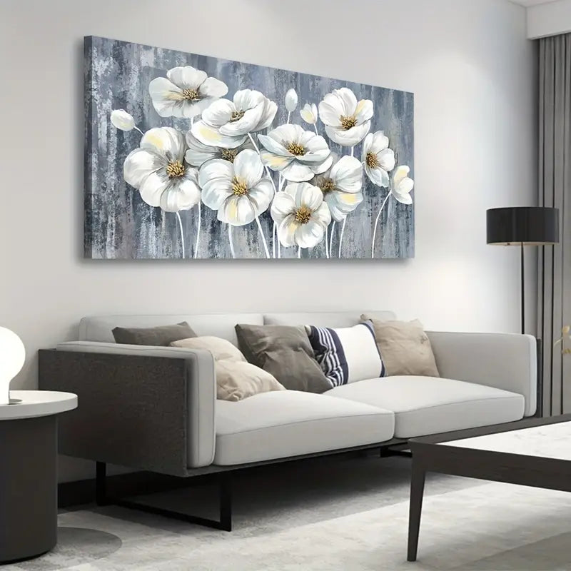 White and Yellow Flower Rustic Grey Blue Botanical Wall Art canvas office home room framed 120x60cm