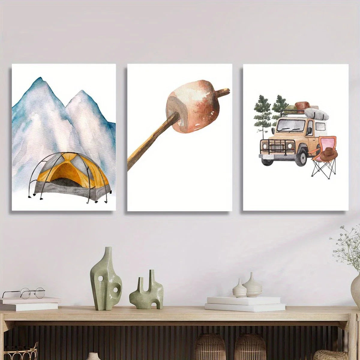 3pcs Watercolor outdoor camping print, woodland tent Metal Print Ready to Hang Art