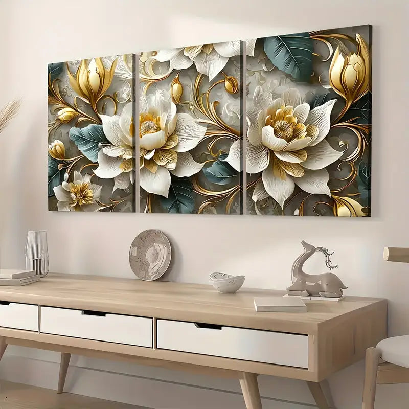 3pcs Light Luxury Style Golden Flower Abstract Art Wall Art Set Canvas Framed 40x60cm - High Quality Print 100% Australian Made Wall Canvas Ready to Hang