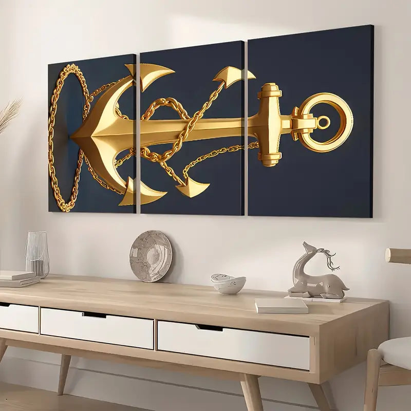 3pcs Modern Stylish Golden Anchor Art Shiny Wall Art Set Canvas Framed 40x60cm - High Quality Print 100% Australian Made Wall Canvas Ready to Hang