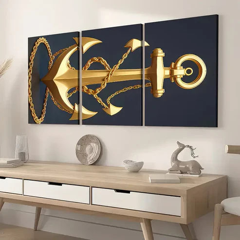 3pcs Modern Stylish Golden Anchor Art Shiny Wall Art Set Canvas Framed 60x90cm - High Quality Print 100% Australian Made Wall Canvas Ready to Hang