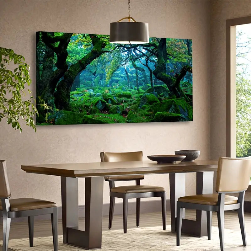 Green Forest Nature Scene Mossy Rocks & Lush Trees Wall Art canvas office home room framed 120x60cm