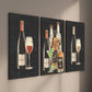 3pcs Wine Bottles, Glasses, and Cocktails Classic Design Metal Print Ready to Hang Art