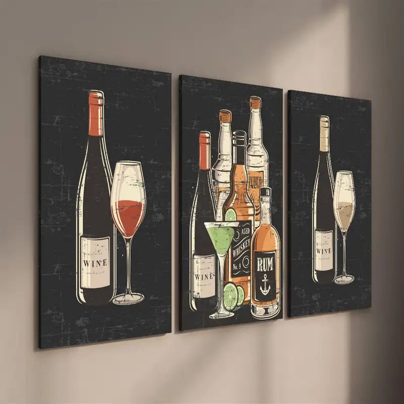 3pcs Wine Bottles, Glasses, and Cocktails Classic Design Metal Print Ready to Hang Art