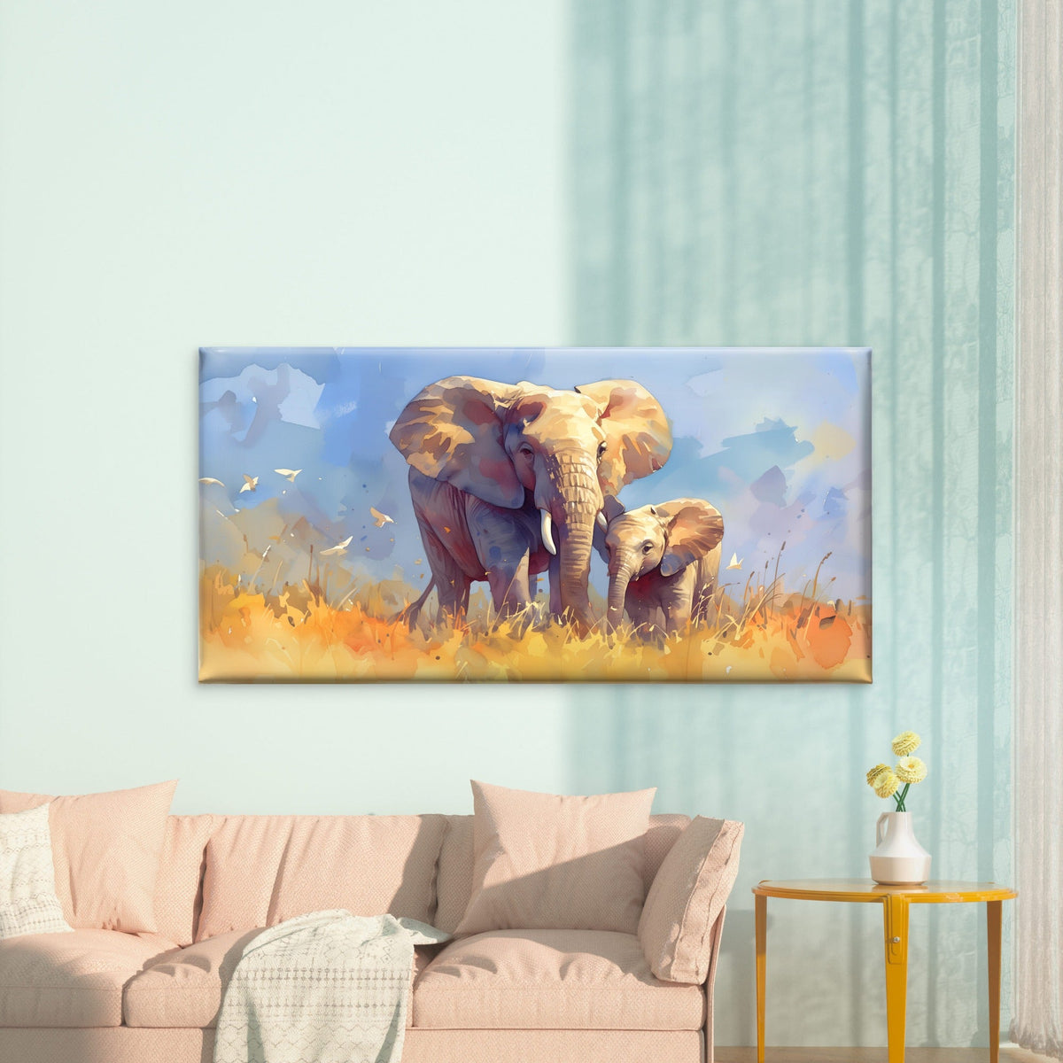 Golden Elephants Of Savanna Wall Art Canvas Office Home Room Framed 120x60cm