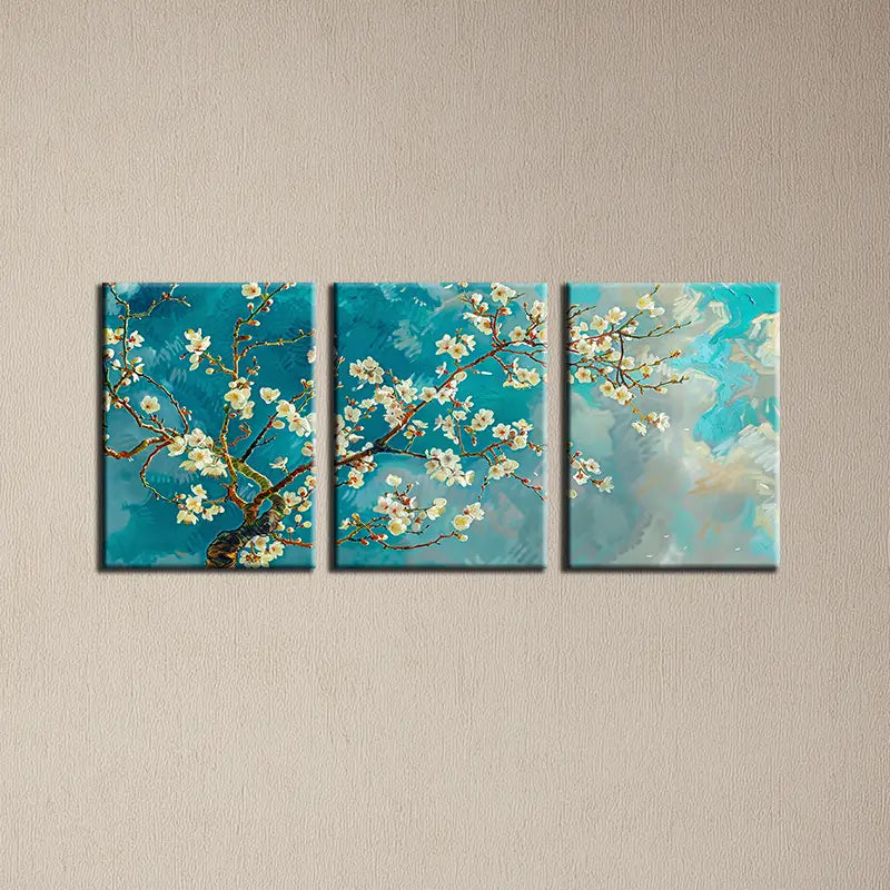 3pcs Beautiful Peach Blossom Blue White Design Metal Print Ready to Hang Art