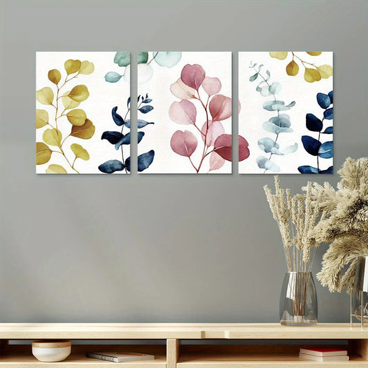 3pcs Vibrant Pink, Blue, and Green Floral Eucalyptus Leaf Metal Print Ready to Hang Art